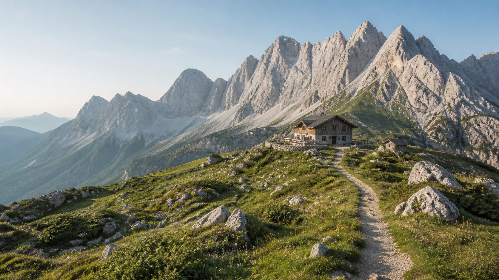 Alpine hut on a ridge below limestone peaks